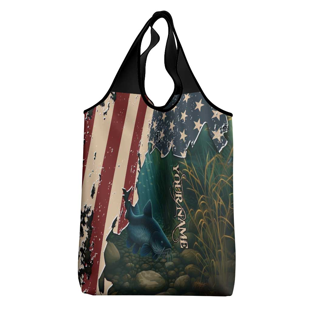 Catfish Fishing Grocery Bag with Underwater Scene and Distressed American Flag Background - Wonder Print Shop