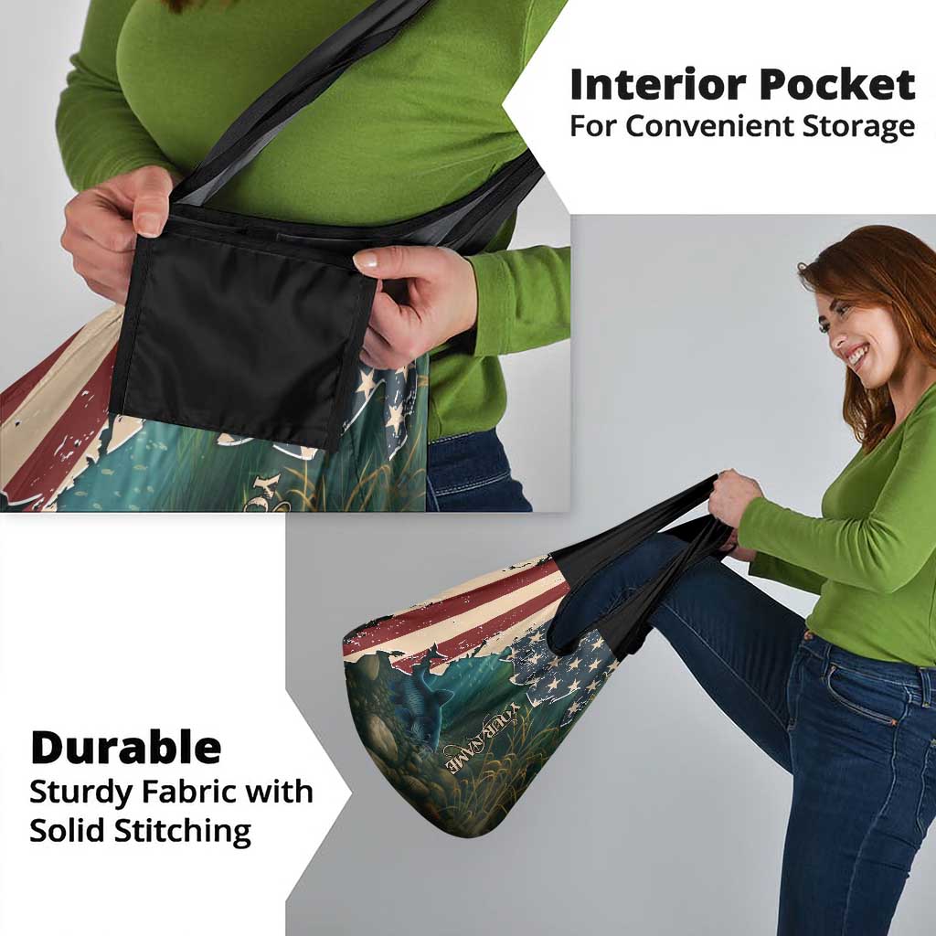 Catfish Fishing Grocery Bag with Underwater Scene and Distressed American Flag Background - Wonder Print Shop