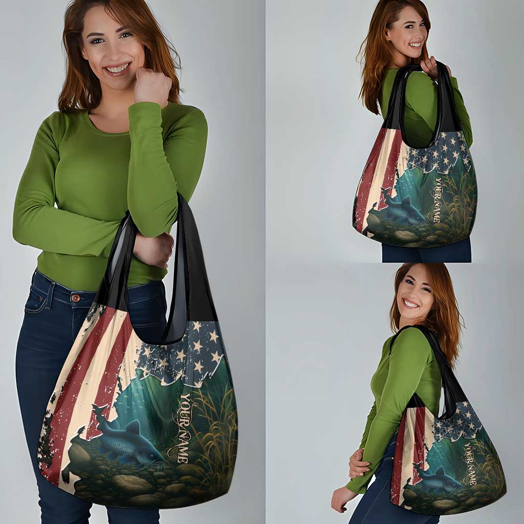 Catfish Fishing Grocery Bag with Underwater Scene and Distressed American Flag Background - Wonder Print Shop