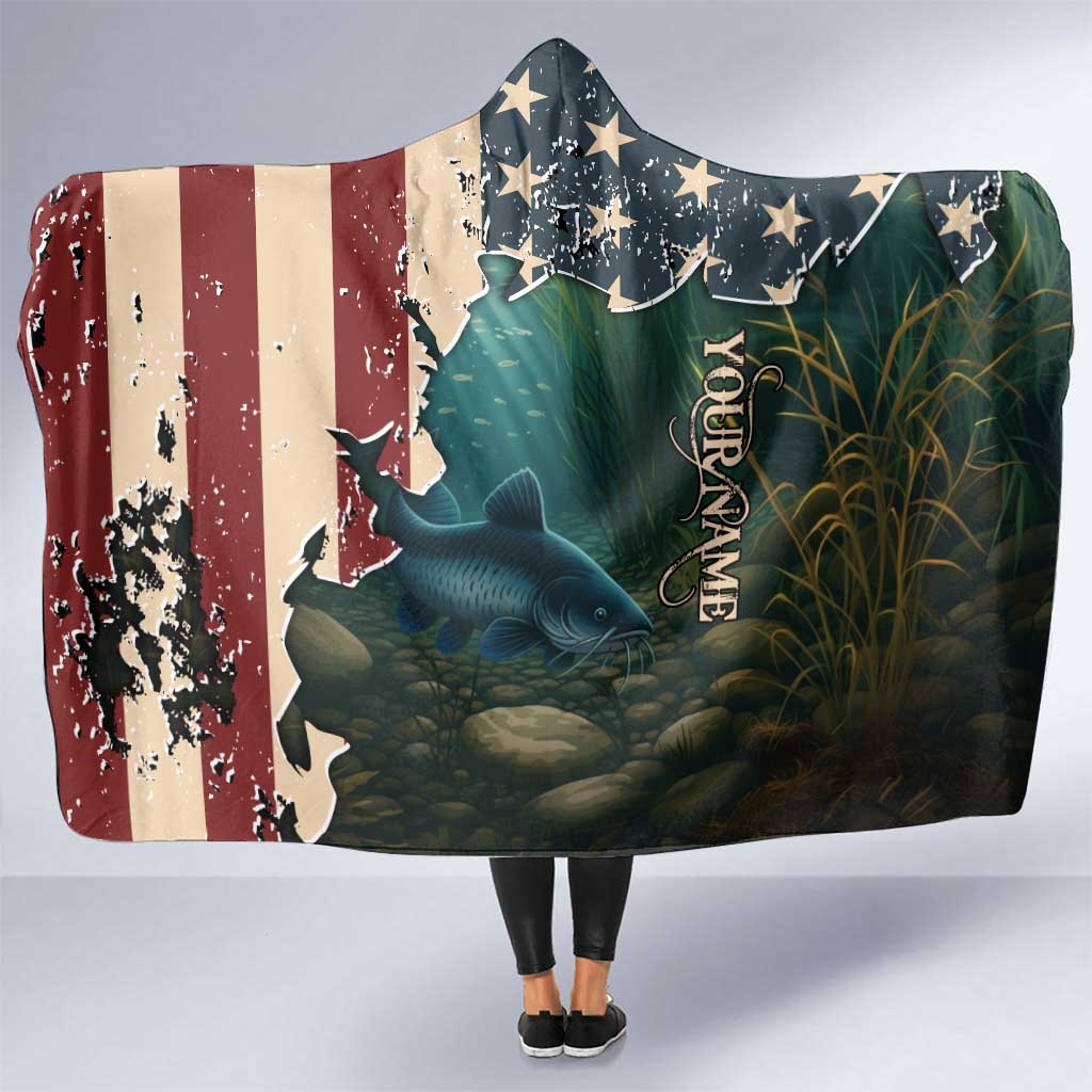 Catfish Fishing Hooded Blanket with Underwater Scene and Distressed American Flag Background - Wonder Print Shop