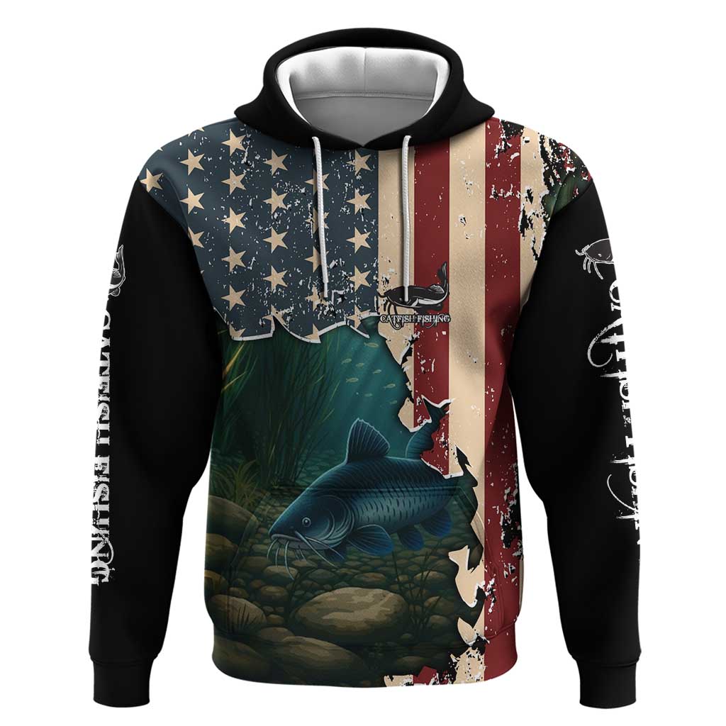 Catfish Fishing Hoodie with Underwater Scene and Distressed American Flag Background - Wonder Print Shop