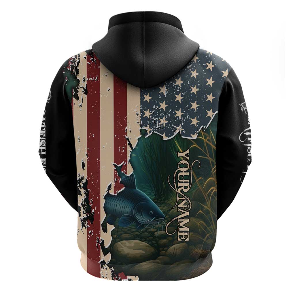 Catfish Fishing Hoodie with Underwater Scene and Distressed American Flag Background - Wonder Print Shop