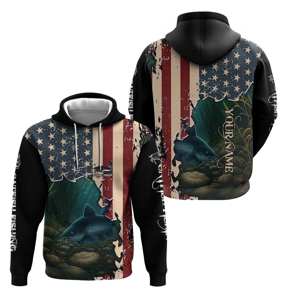 Catfish Fishing Hoodie with Underwater Scene and Distressed American Flag Background - Wonder Print Shop