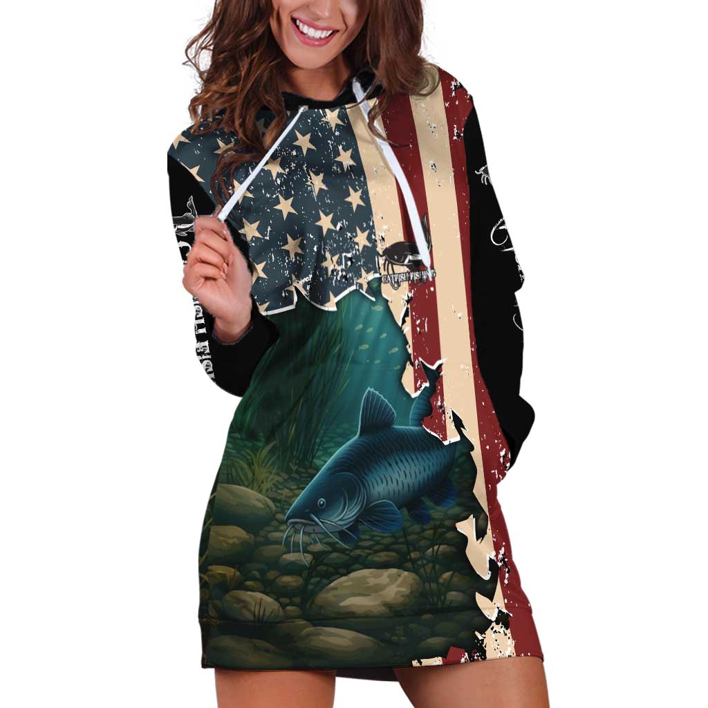 Catfish Fishing Hoodie Dress with Underwater Scene and Distressed American Flag Background - Wonder Print Shop