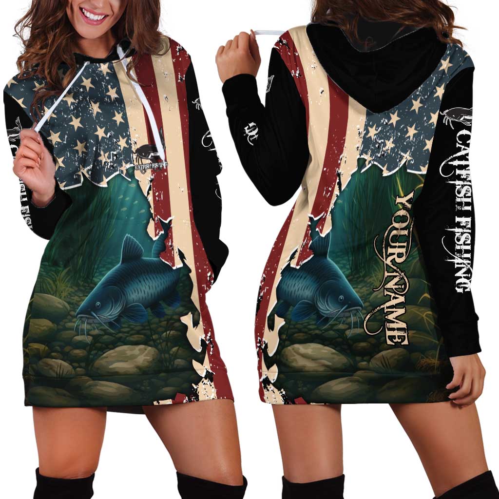 Catfish Fishing Hoodie Dress with Underwater Scene and Distressed American Flag Background - Wonder Print Shop