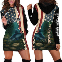 Catfish Fishing Hoodie Dress with Underwater Scene and Distressed American Flag Background - Wonder Print Shop