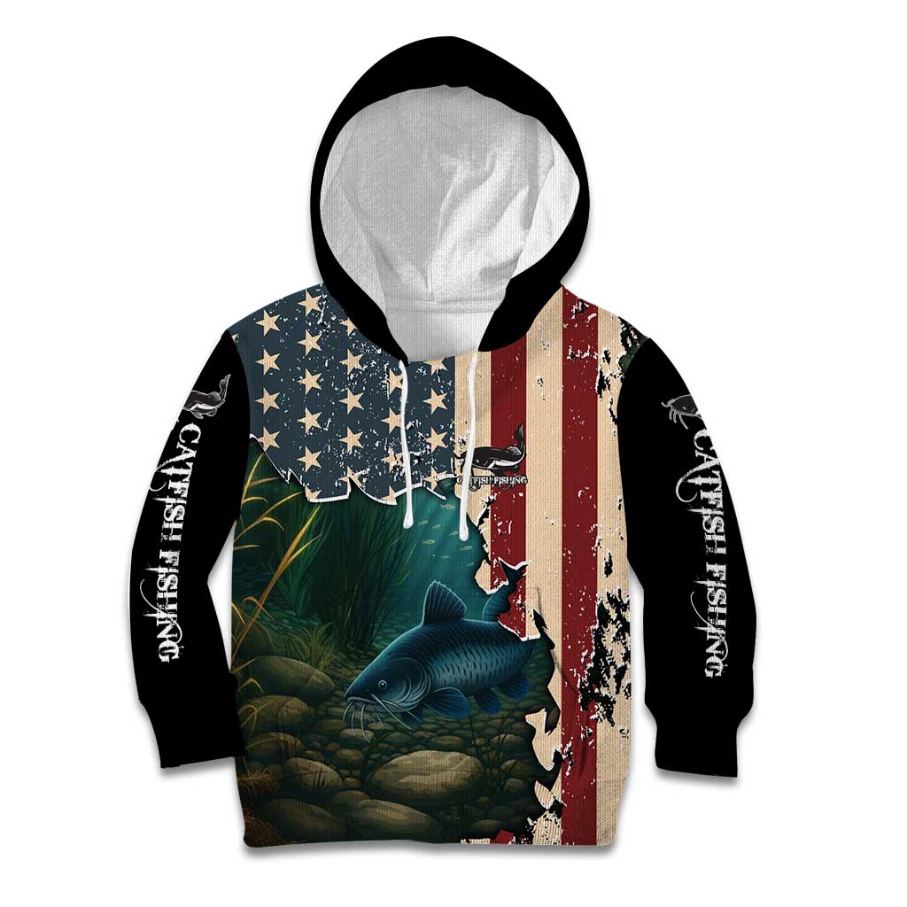 Catfish Fishing Kid Hoodie with Underwater Scene and Distressed American Flag Background - Wonder Print Shop