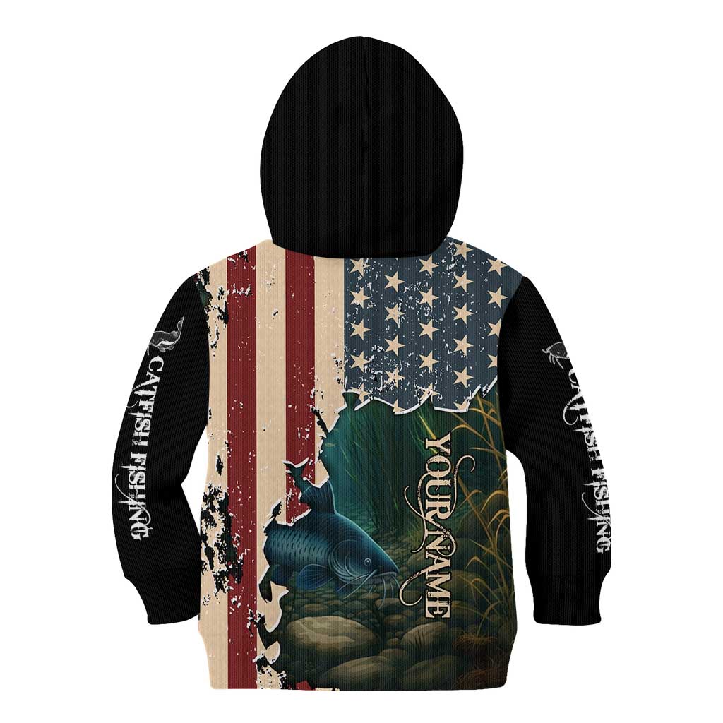 Catfish Fishing Kid Hoodie with Underwater Scene and Distressed American Flag Background - Wonder Print Shop