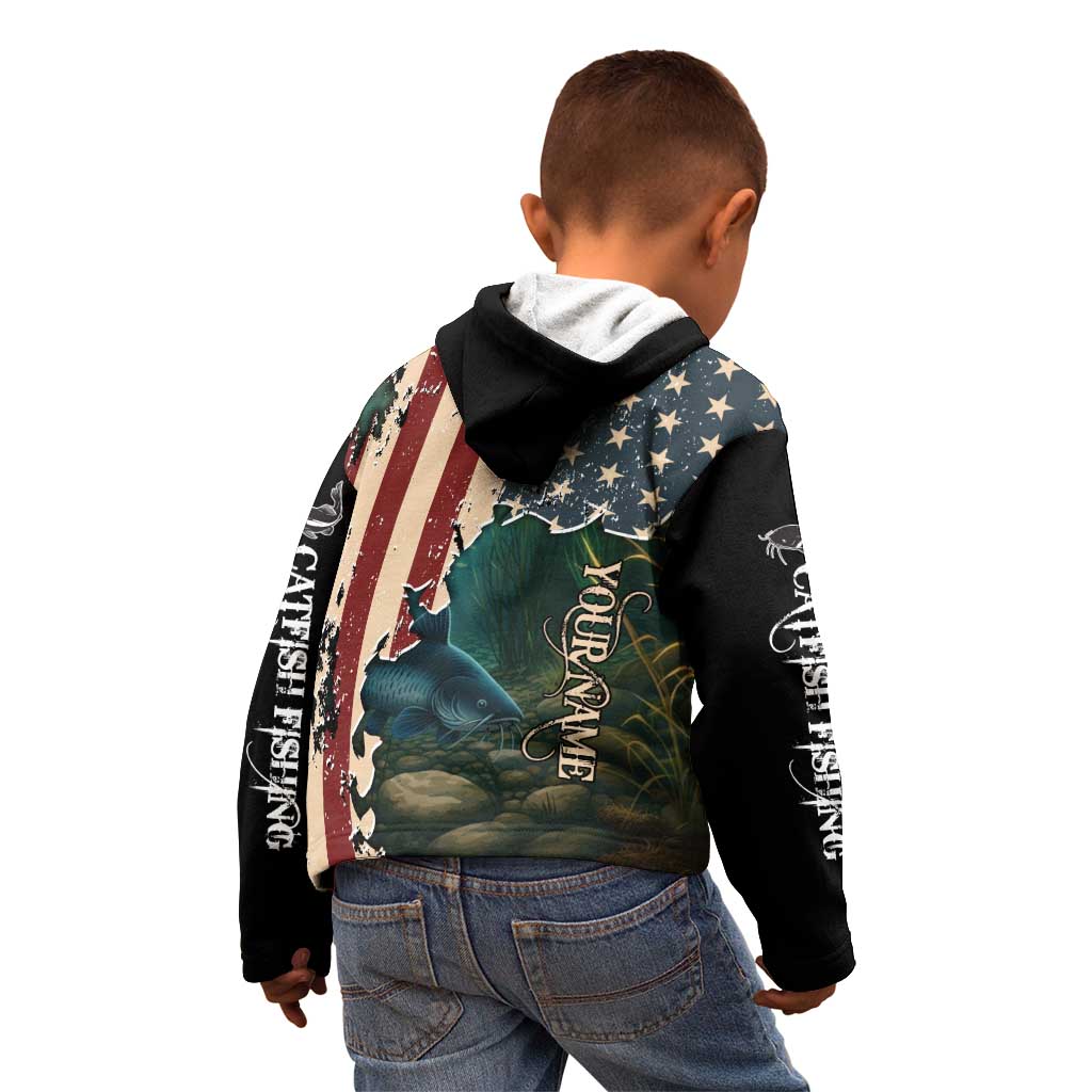 Catfish Fishing Kid Hoodie with Underwater Scene and Distressed American Flag Background - Wonder Print Shop