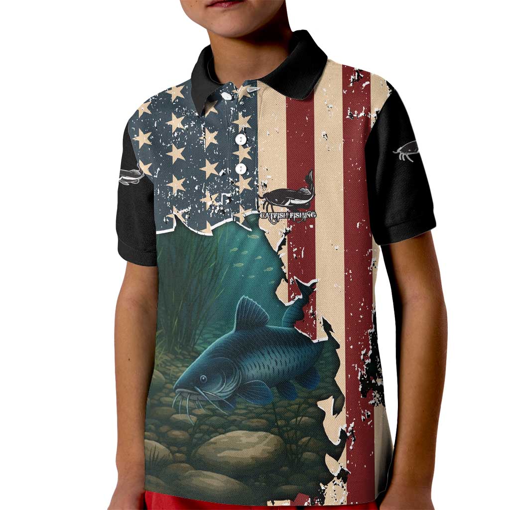 Catfish Fishing Kid Polo Shirt with Underwater Scene and Distressed American Flag Background - Wonder Print Shop
