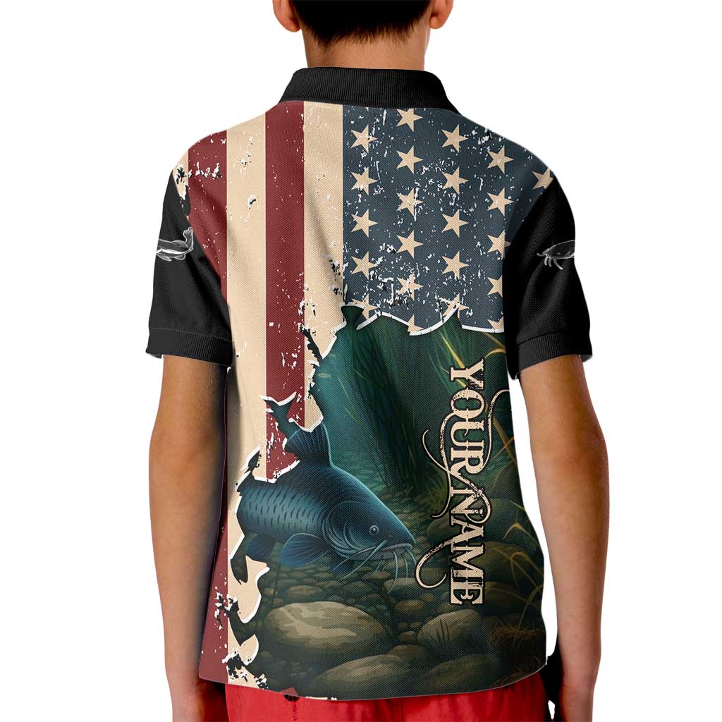 Catfish Fishing Kid Polo Shirt with Underwater Scene and Distressed American Flag Background - Wonder Print Shop
