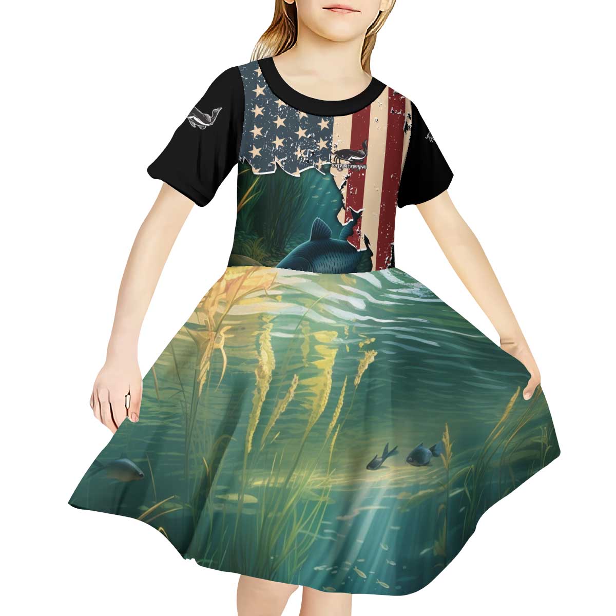 Catfish Fishing Kid Short Sleeve Dress with Underwater Scene and Distressed American Flag Background - Wonder Print Shop