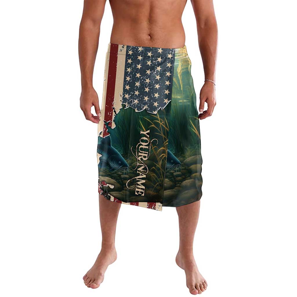 Catfish Fishing Lavalava with Underwater Scene and Distressed American Flag Background - Wonder Print Shop