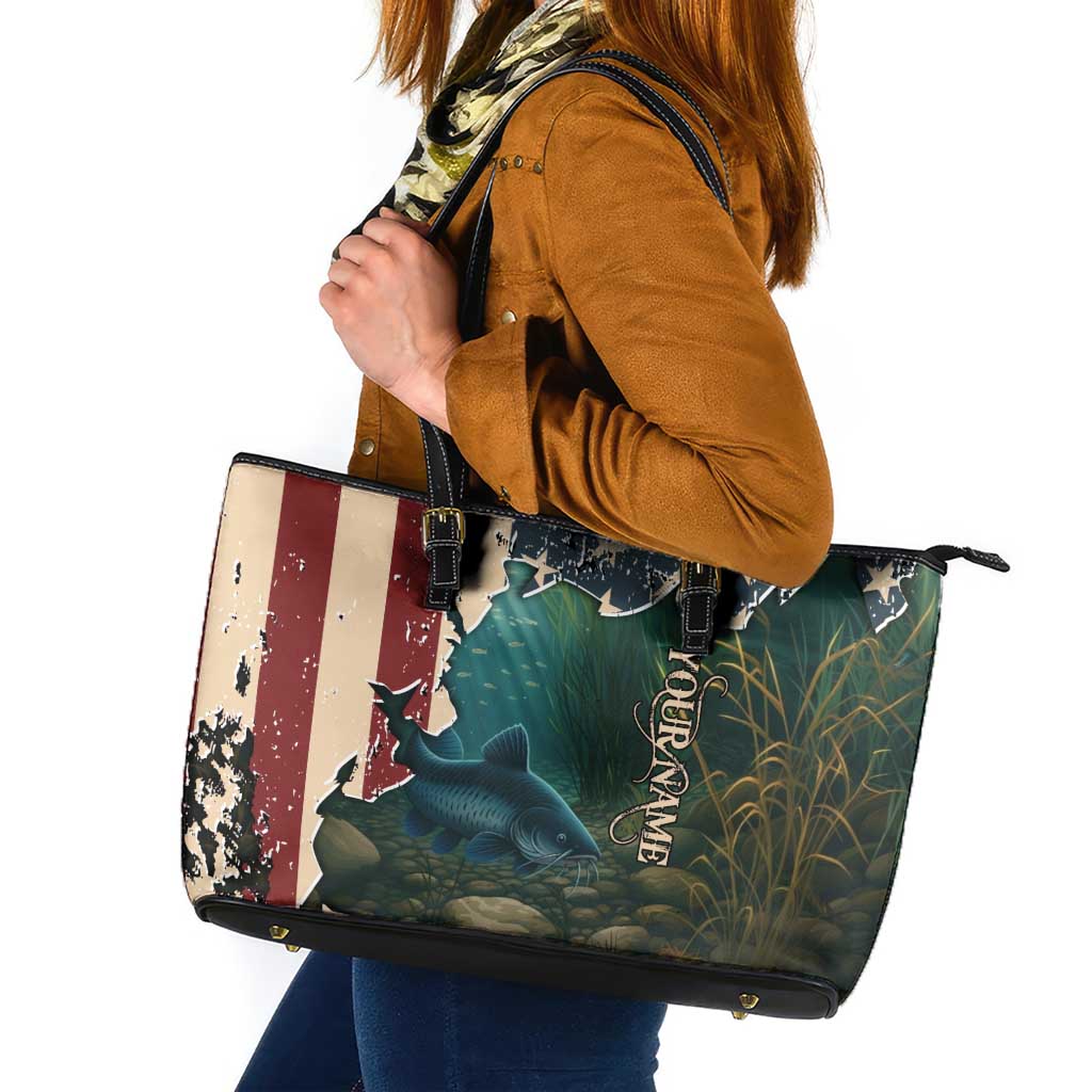 Catfish Fishing Leather Tote Bag with Underwater Scene and Distressed American Flag Background - Wonder Print Shop
