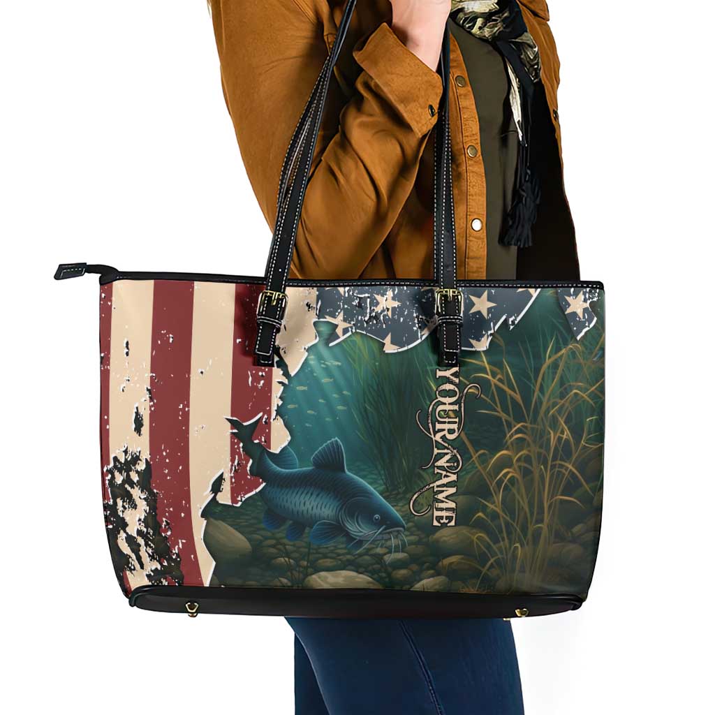Catfish Fishing Leather Tote Bag with Underwater Scene and Distressed American Flag Background - Wonder Print Shop