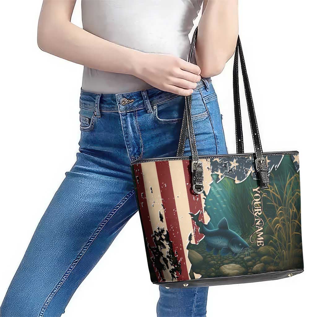 Catfish Fishing Leather Tote Bag with Underwater Scene and Distressed American Flag Background - Wonder Print Shop