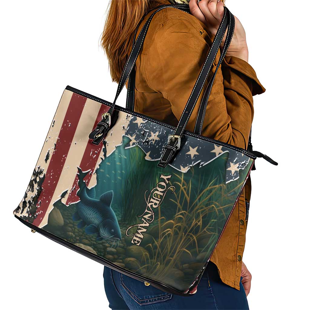 Catfish Fishing Leather Tote Bag with Underwater Scene and Distressed American Flag Background - Wonder Print Shop