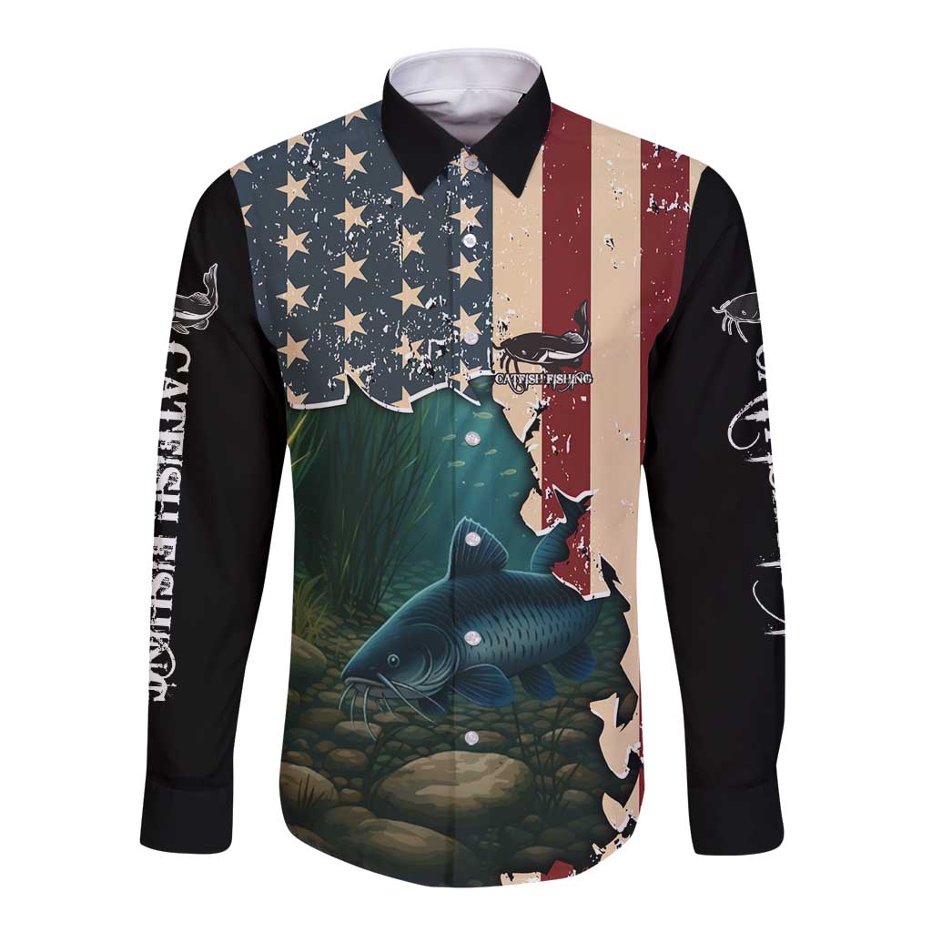 Catfish Fishing Long Sleeve Button Shirt with Underwater Scene and Distressed American Flag Background - Wonder Print Shop