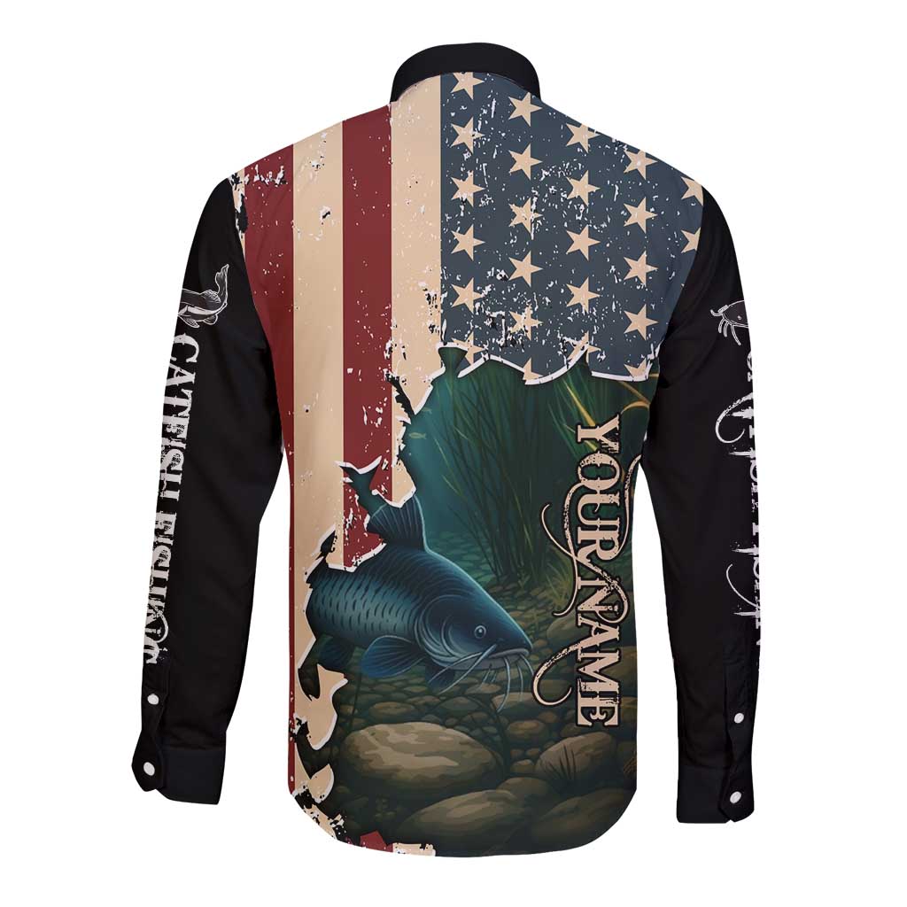Catfish Fishing Long Sleeve Button Shirt with Underwater Scene and Distressed American Flag Background - Wonder Print Shop