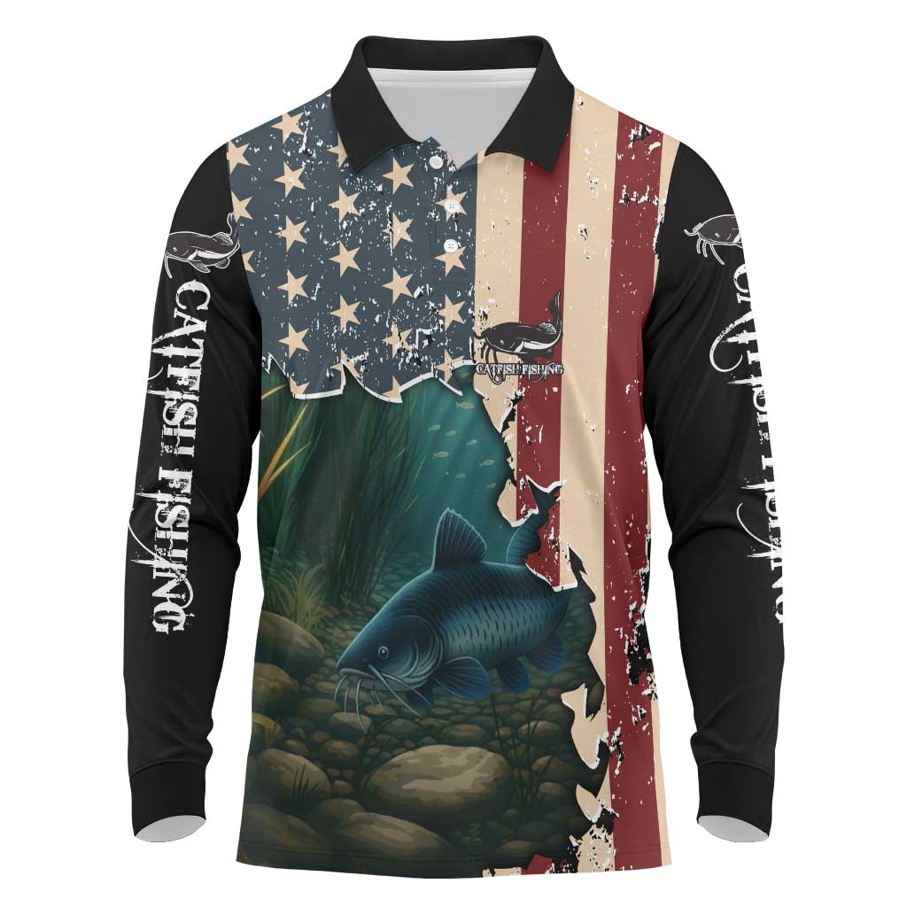 Catfish Fishing Long Sleeve Polo Shirt with Underwater Scene and Distressed American Flag Background - Wonder Print Shop
