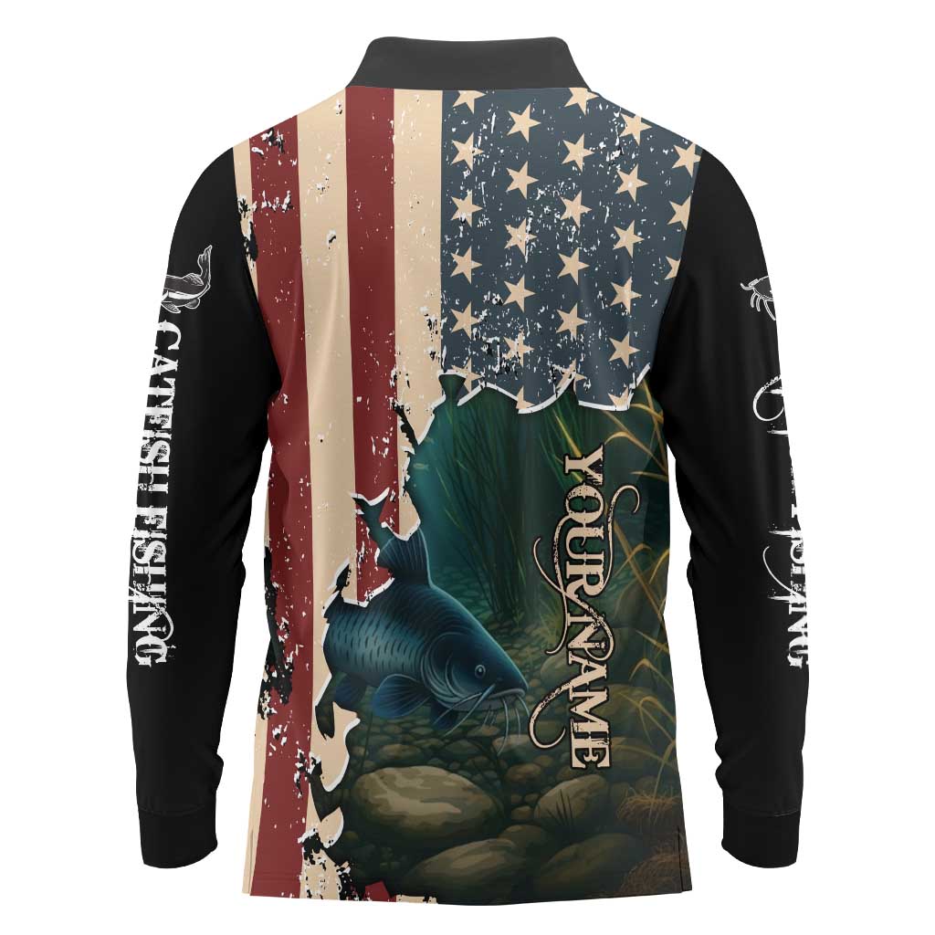 Catfish Fishing Long Sleeve Polo Shirt with Underwater Scene and Distressed American Flag Background - Wonder Print Shop