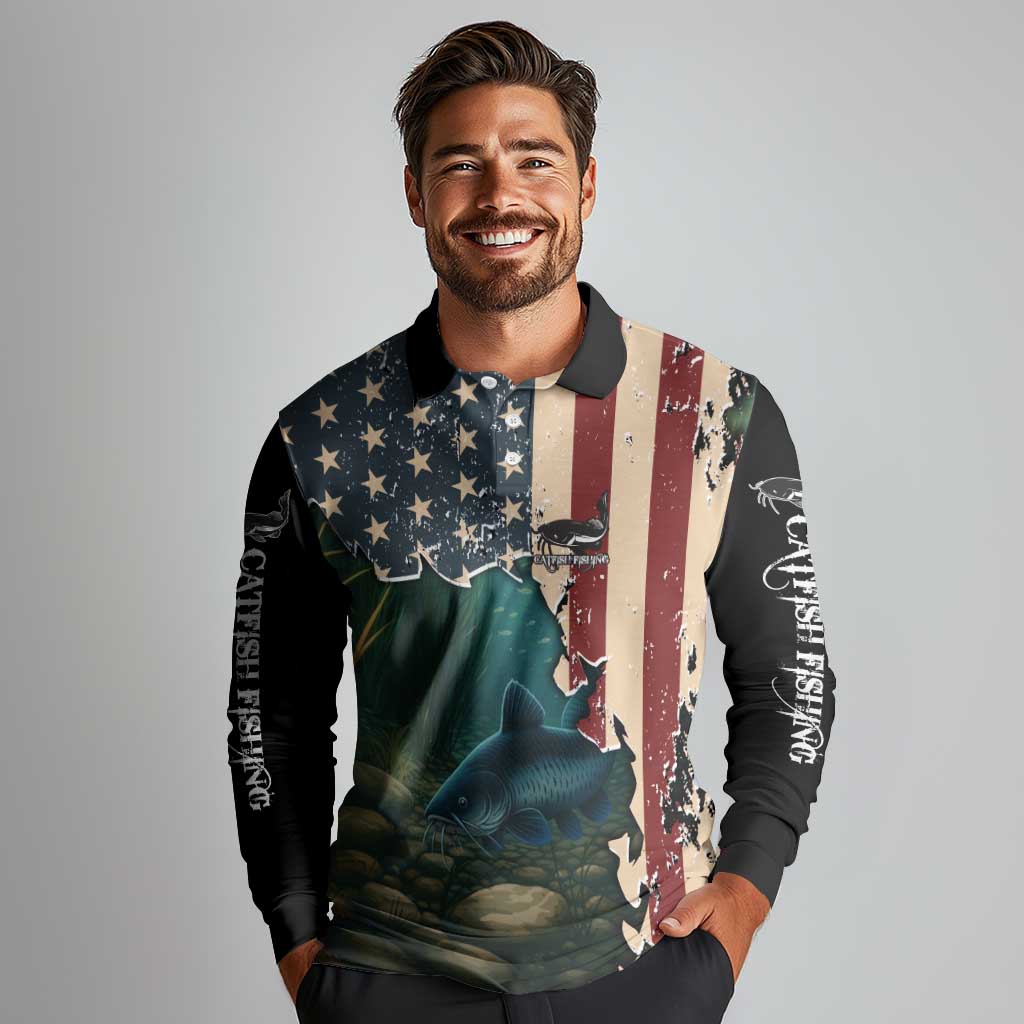 Catfish Fishing Long Sleeve Polo Shirt with Underwater Scene and Distressed American Flag Background - Wonder Print Shop