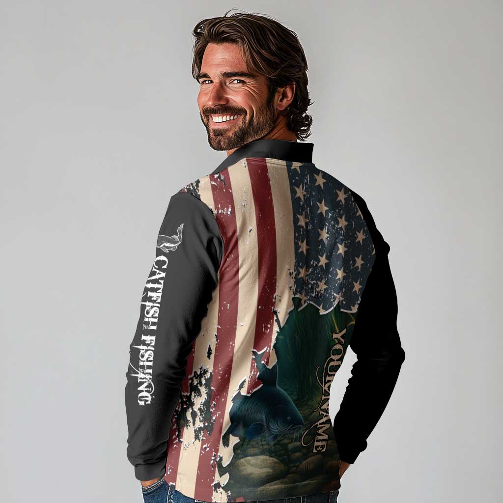 Catfish Fishing Long Sleeve Polo Shirt with Underwater Scene and Distressed American Flag Background - Wonder Print Shop