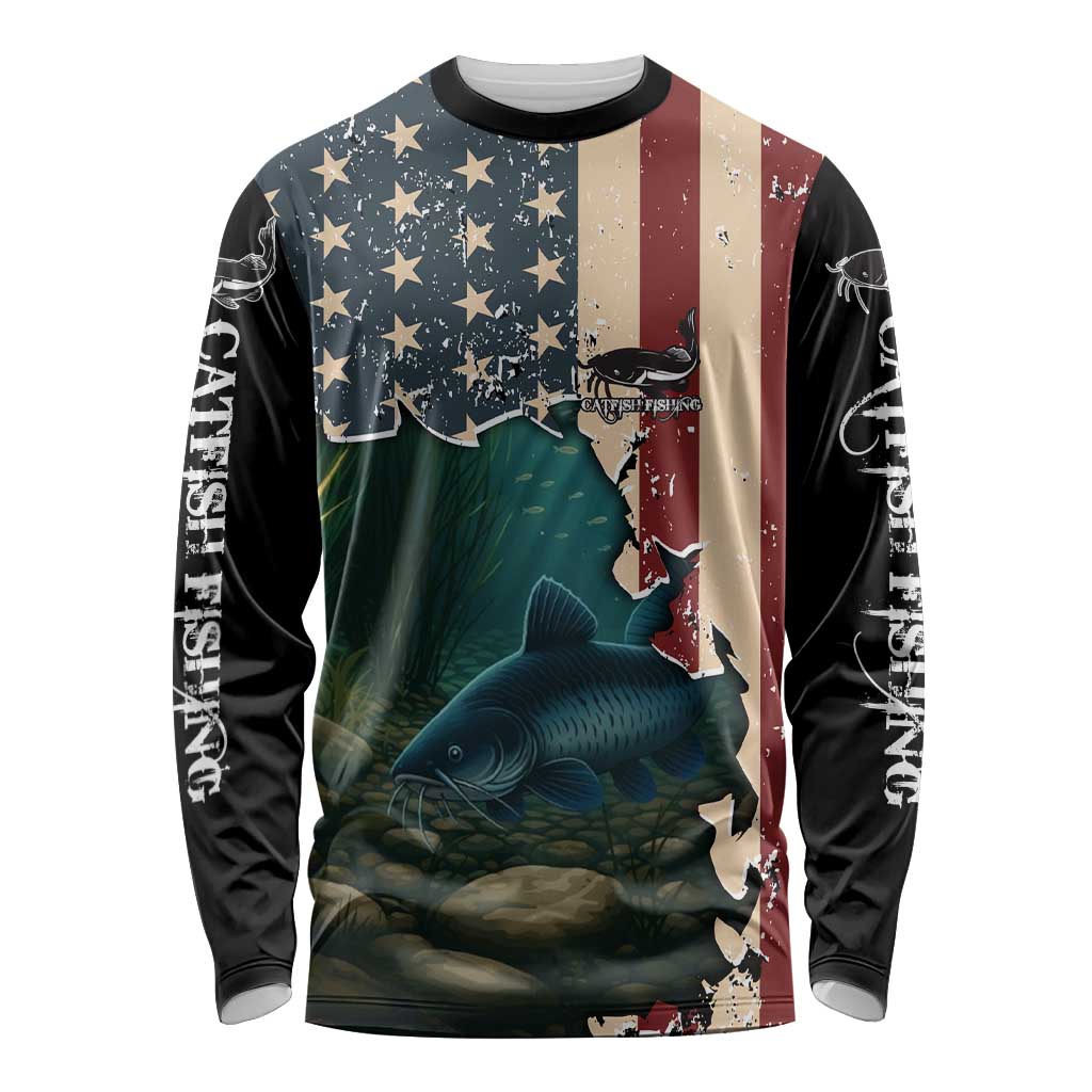 Catfish Fishing Long Sleeve Shirt with Underwater Scene and Distressed American Flag Background - Wonder Print Shop