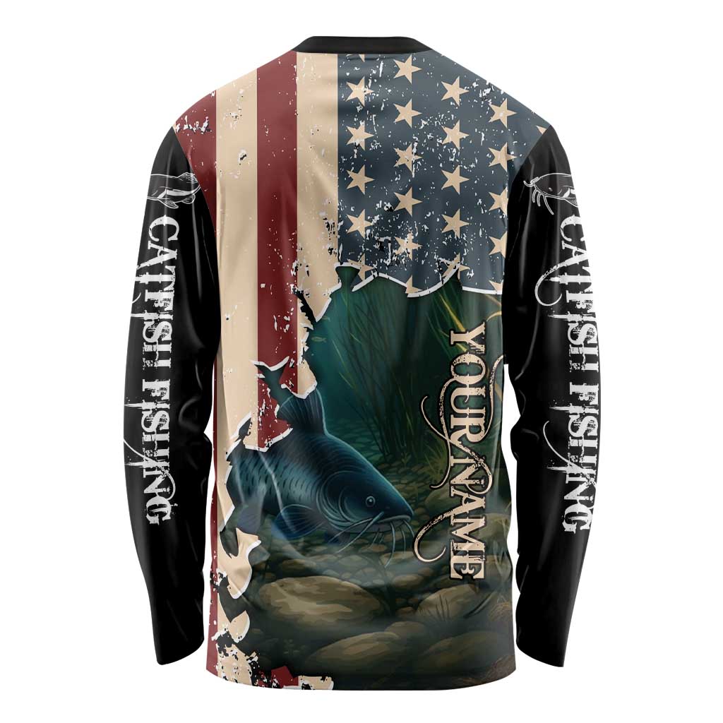 Catfish Fishing Long Sleeve Shirt with Underwater Scene and Distressed American Flag Background - Wonder Print Shop