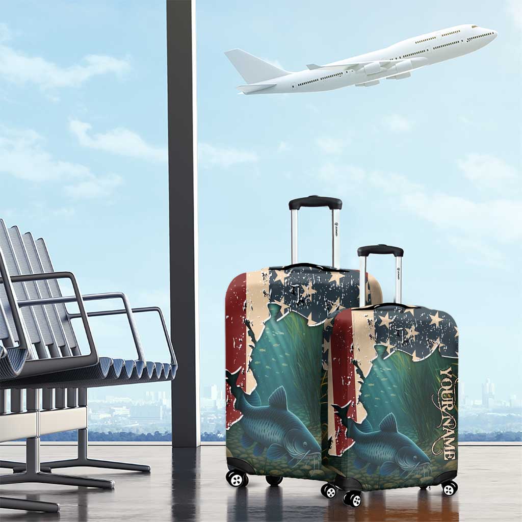 Catfish Fishing Luggage Cover with Underwater Scene and Distressed American Flag Background - Wonder Print Shop