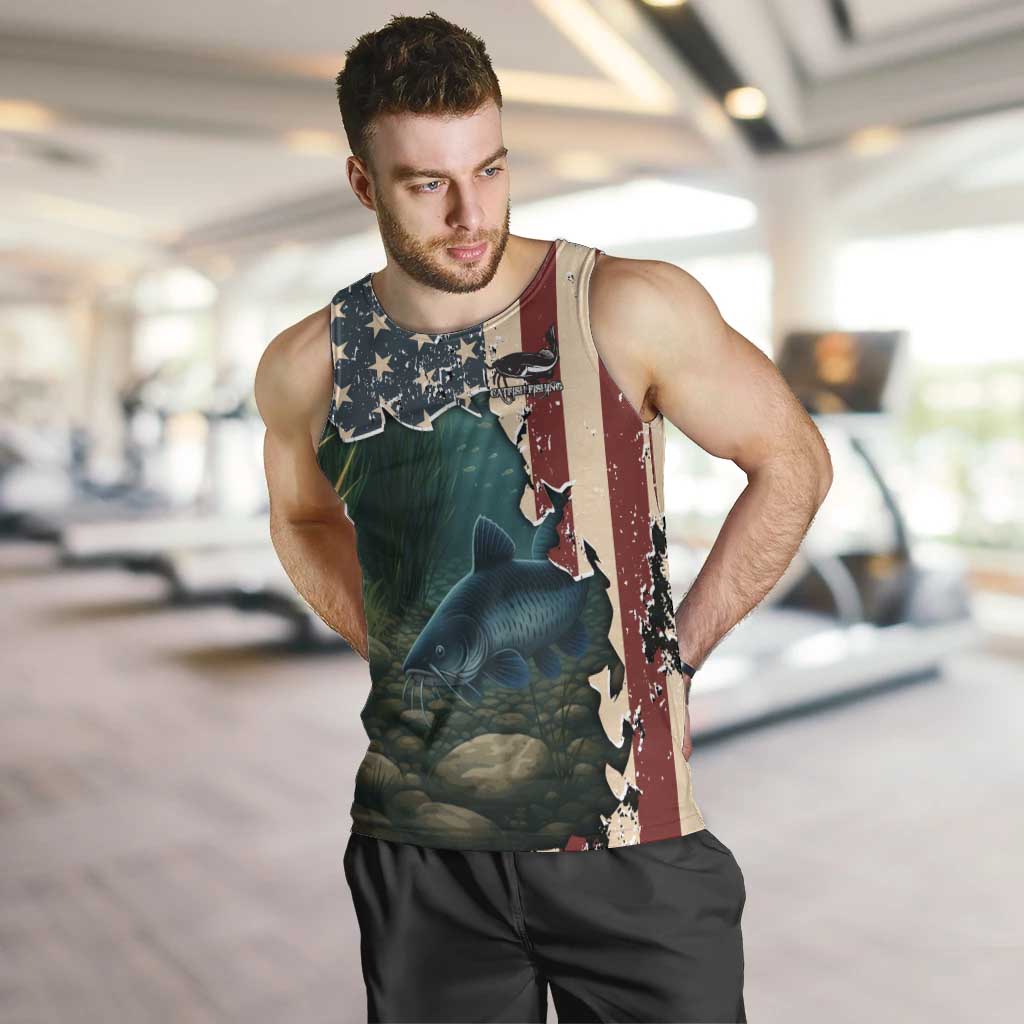 Catfish Fishing Men Tank Top with Underwater Scene and Distressed American Flag Background - Wonder Print Shop