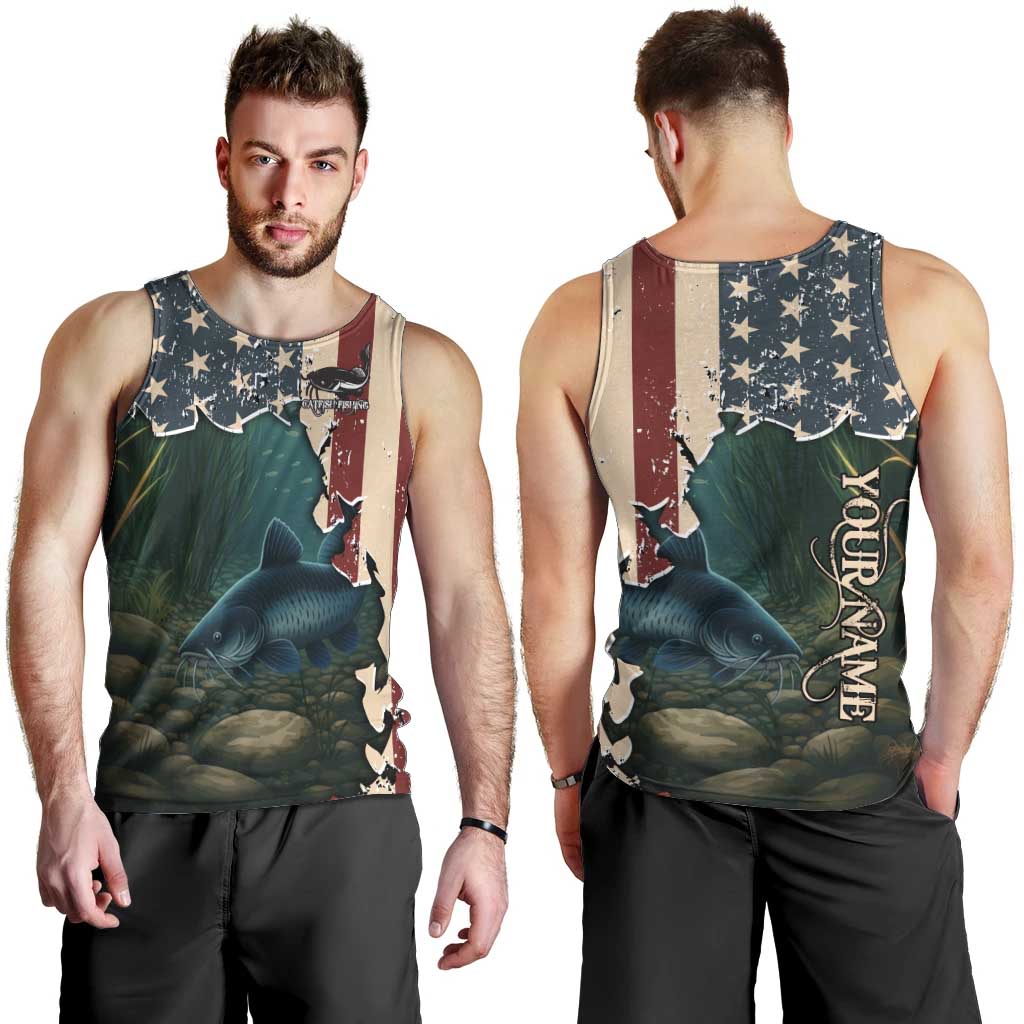 Catfish Fishing Men Tank Top with Underwater Scene and Distressed American Flag Background - Wonder Print Shop