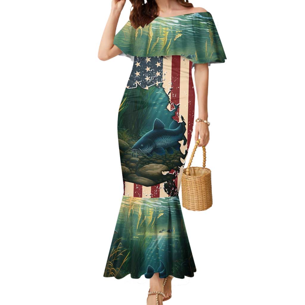Catfish Fishing Mermaid Dress with Underwater Scene and Distressed American Flag Background - Wonder Print Shop
