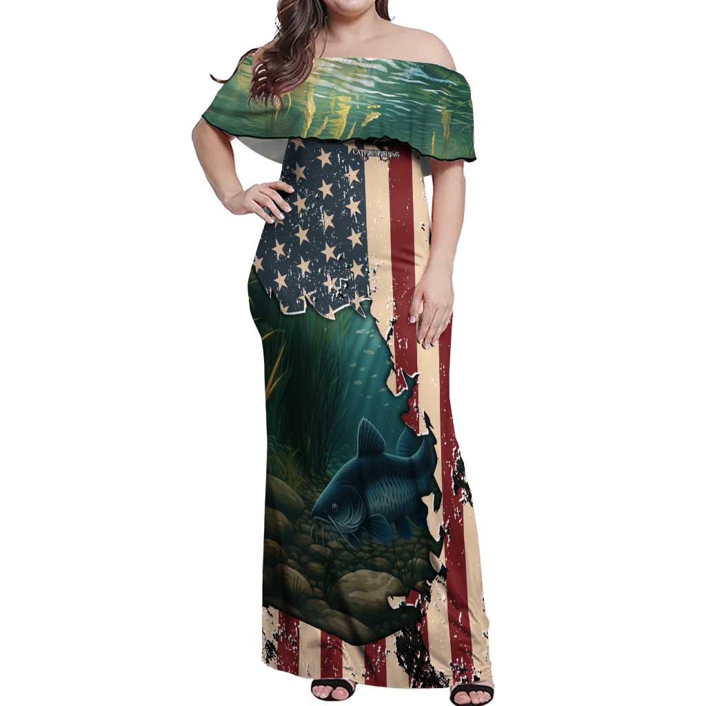 Catfish Fishing Off Shoulder Maxi Dress with Underwater Scene and Distressed American Flag Background - Wonder Print Shop