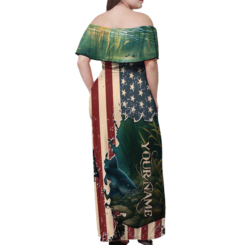 Catfish Fishing Off Shoulder Maxi Dress with Underwater Scene and Distressed American Flag Background - Wonder Print Shop