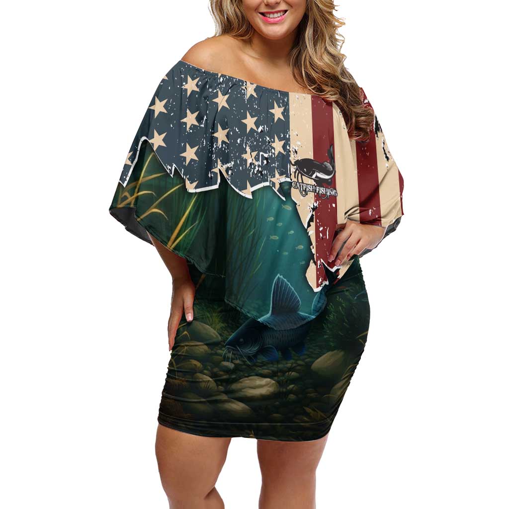 Catfish Fishing Off Shoulder Short Dress with Underwater Scene and Distressed American Flag Background - Wonder Print Shop