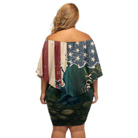 Catfish Fishing Off Shoulder Short Dress with Underwater Scene and Distressed American Flag Background - Wonder Print Shop
