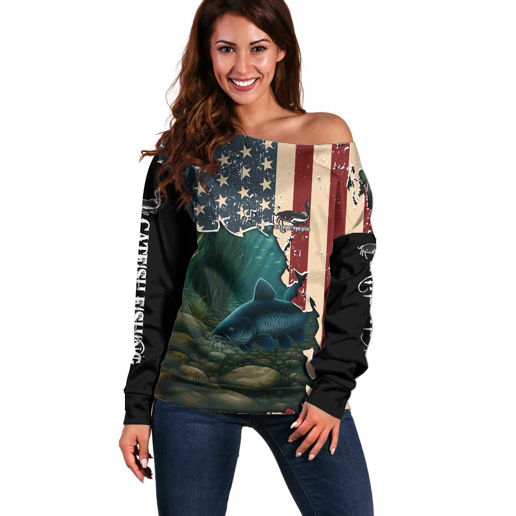 Catfish Fishing Off Shoulder Sweater with Underwater Scene and Distressed American Flag Background - Wonder Print Shop