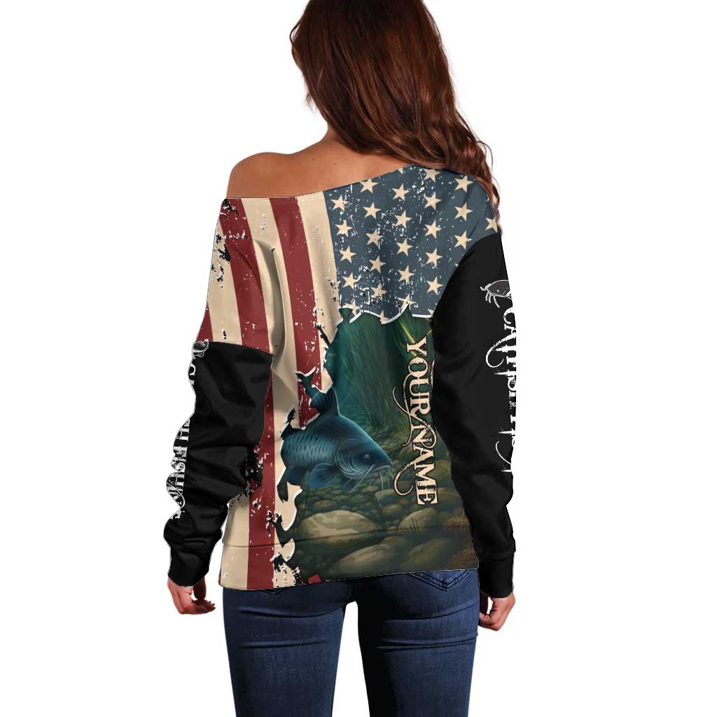 Catfish Fishing Off Shoulder Sweater with Underwater Scene and Distressed American Flag Background - Wonder Print Shop