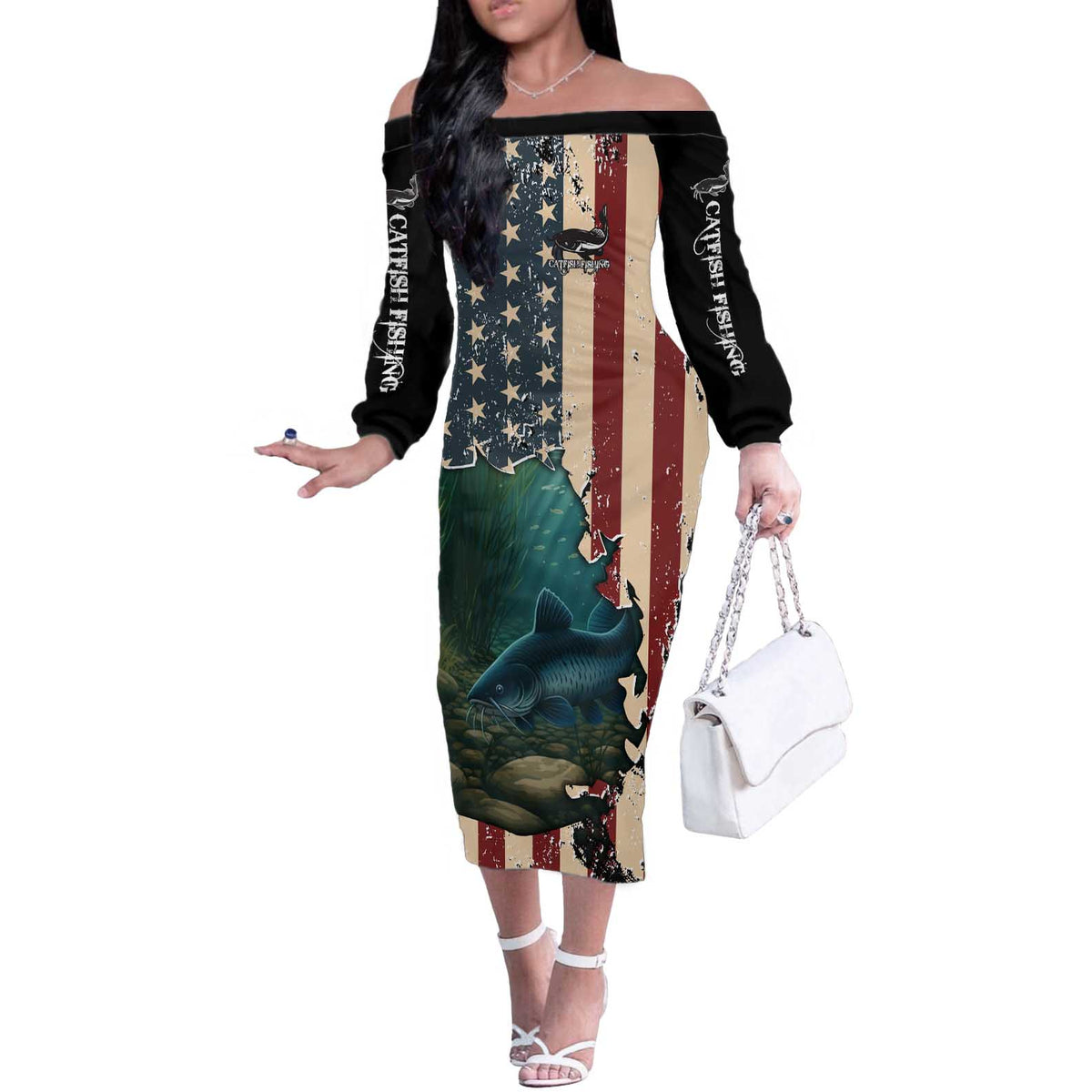 Catfish Fishing Off The Shoulder Long Sleeve Dress with Underwater Scene and Distressed American Flag Background - Wonder Print Shop