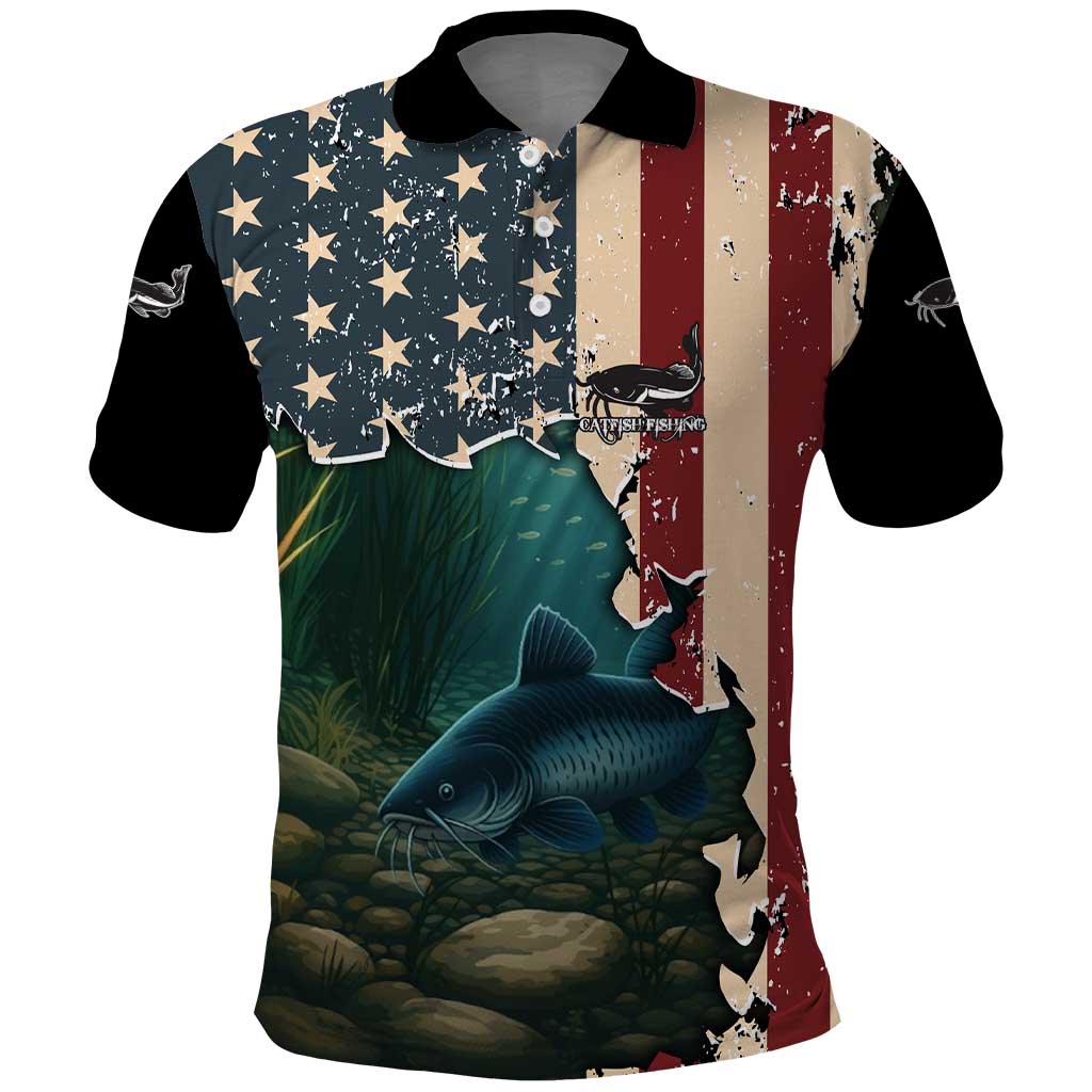 Catfish Fishing Polo Shirt with Underwater Scene and Distressed American Flag Background - Wonder Print Shop