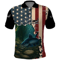 Catfish Fishing Polo Shirt with Underwater Scene and Distressed American Flag Background - Wonder Print Shop