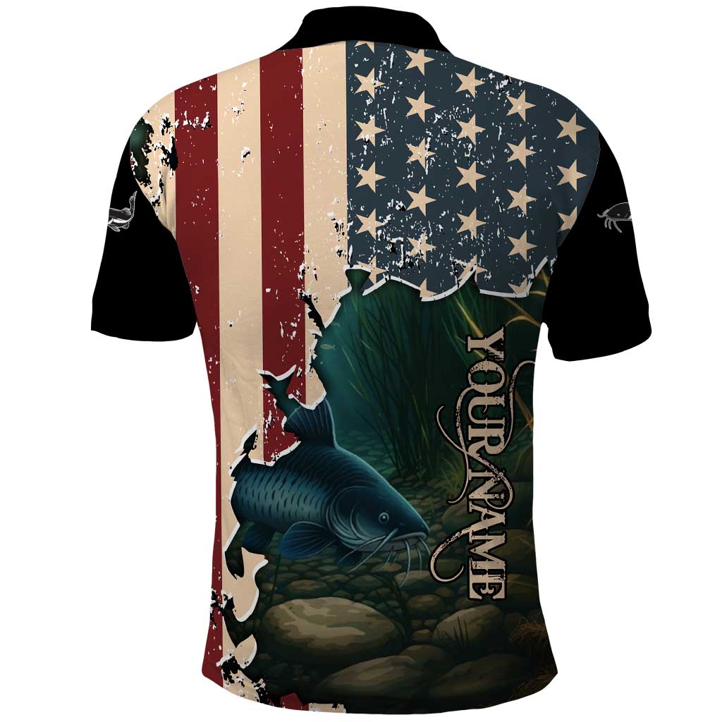Catfish Fishing Polo Shirt with Underwater Scene and Distressed American Flag Background - Wonder Print Shop