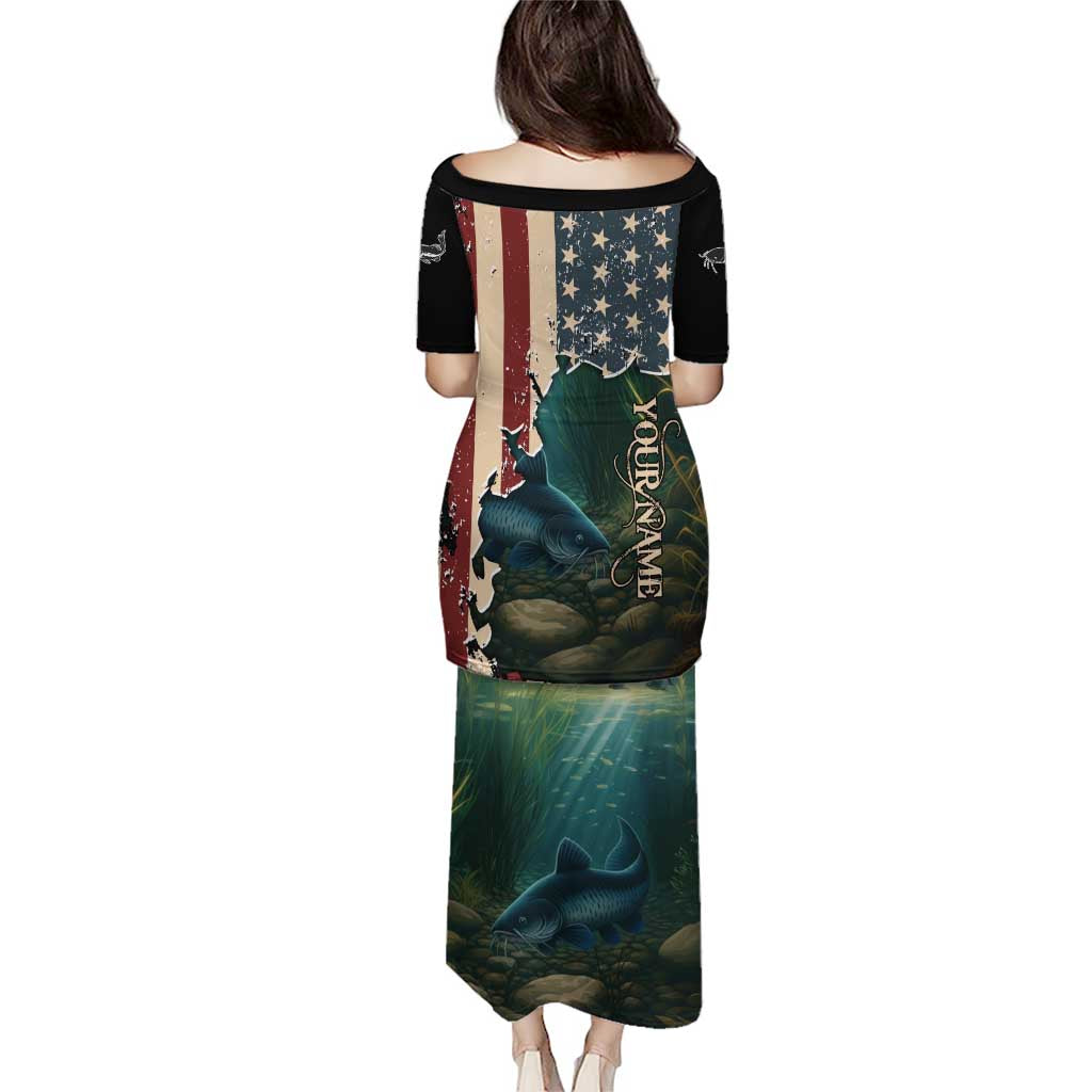 Catfish Fishing Puletasi with Underwater Scene and Distressed American Flag Background - Wonder Print Shop