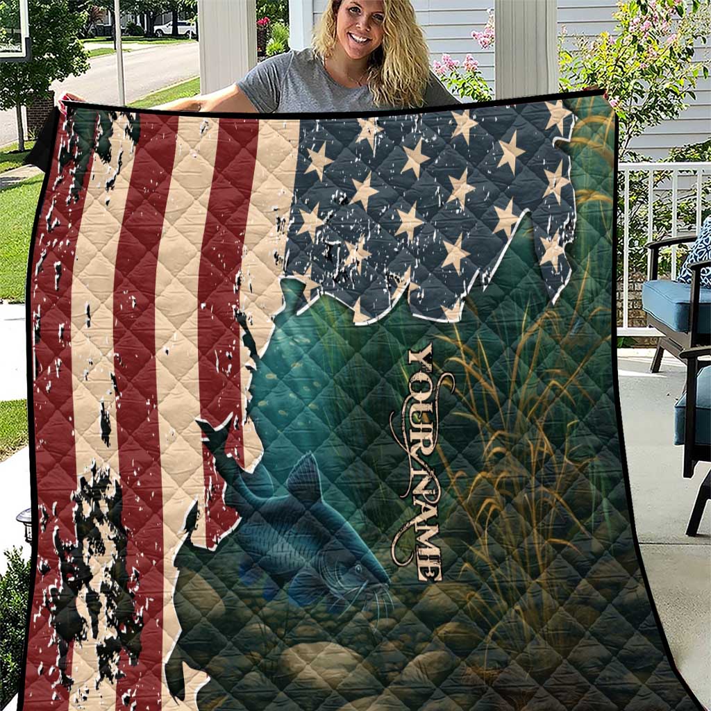 Catfish Fishing Quilt with Underwater Scene and Distressed American Flag Background - Wonder Print Shop