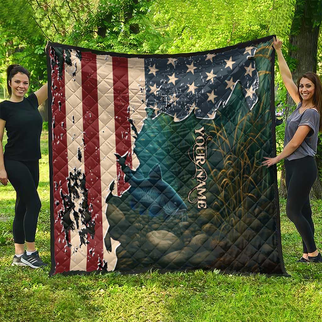 Catfish Fishing Quilt with Underwater Scene and Distressed American Flag Background - Wonder Print Shop