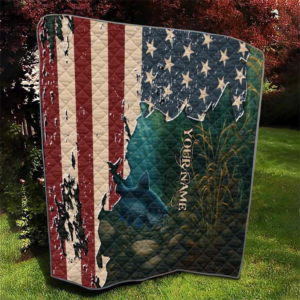 Catfish Fishing Quilt with Underwater Scene and Distressed American Flag Background - Wonder Print Shop