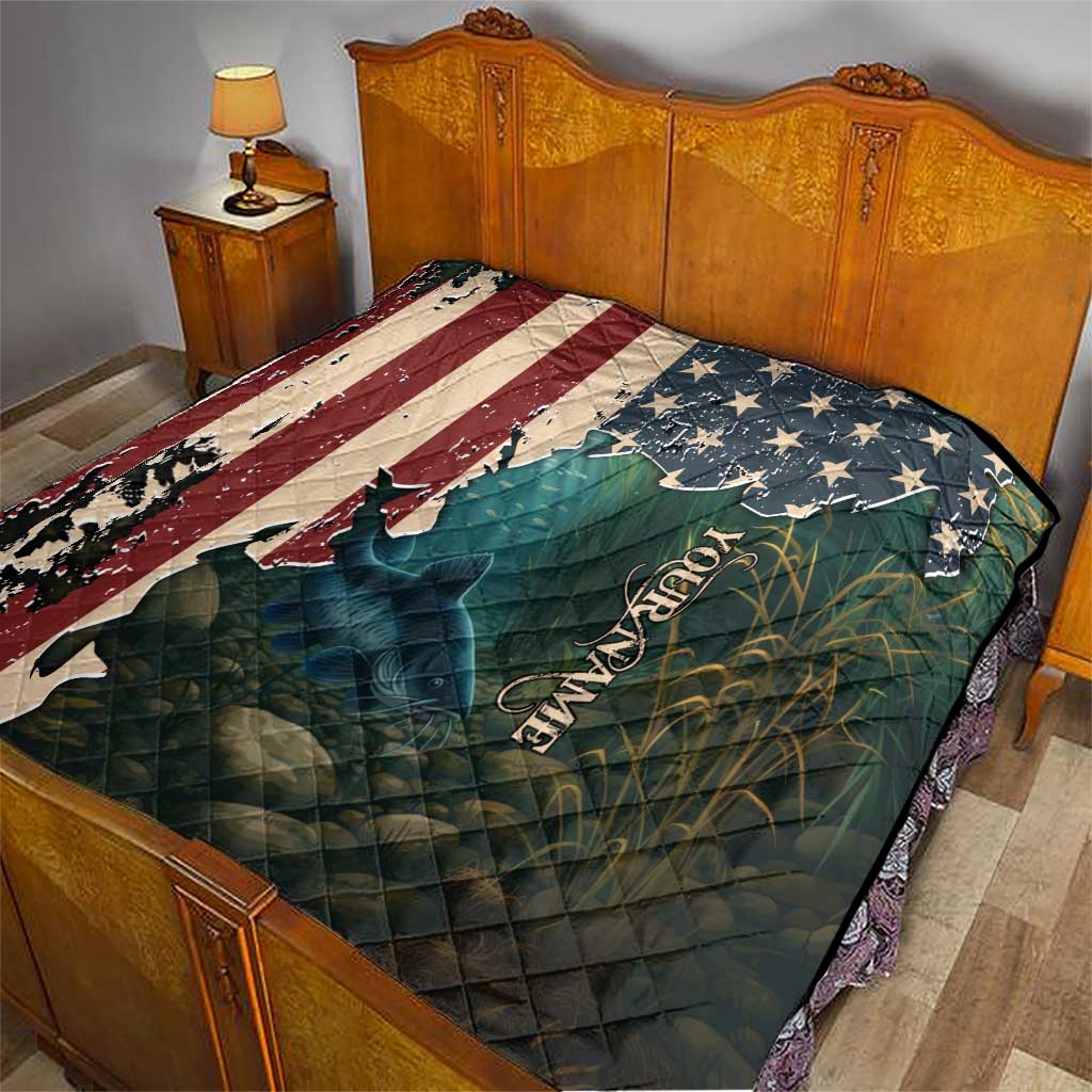 Catfish Fishing Quilt with Underwater Scene and Distressed American Flag Background - Wonder Print Shop