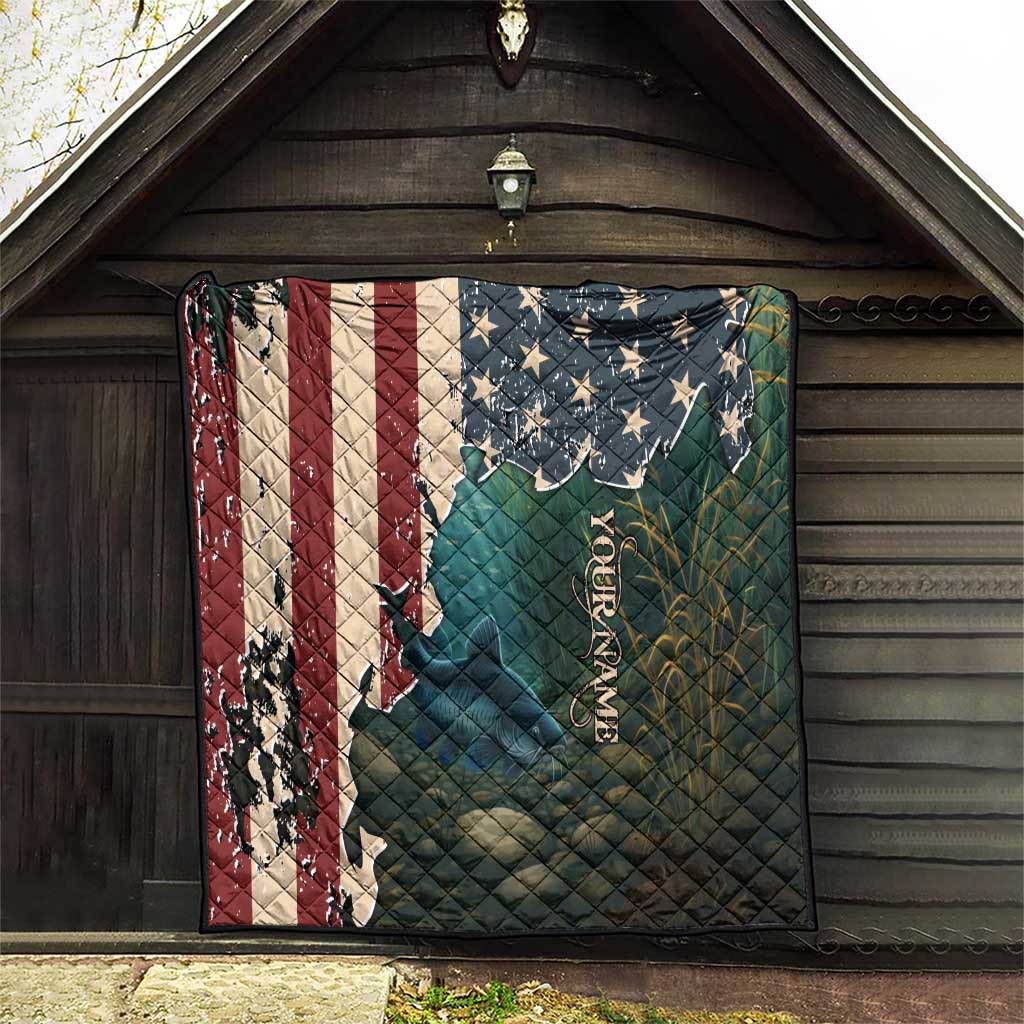 Catfish Fishing Quilt with Underwater Scene and Distressed American Flag Background - Wonder Print Shop