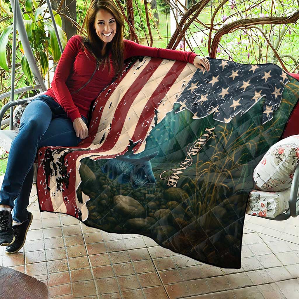 Catfish Fishing Quilt with Underwater Scene and Distressed American Flag Background - Wonder Print Shop
